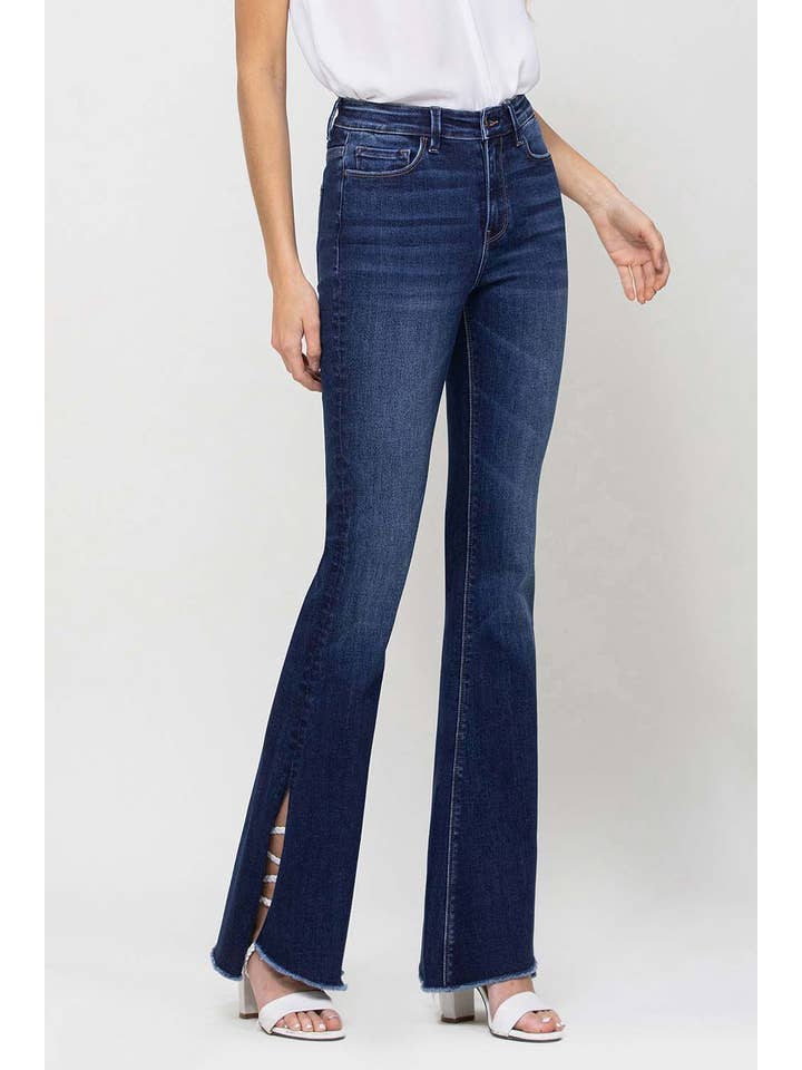 ROLLING IN THE BLUES HIGH RISE SLIT RAW HEM FLARE JEANS F4384 for wholesale on Faire