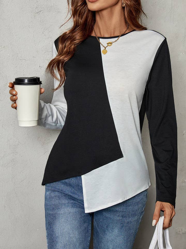 Asymmetrical Hem Color Block Shirt for wholesale by Anna Kaci Wholesale