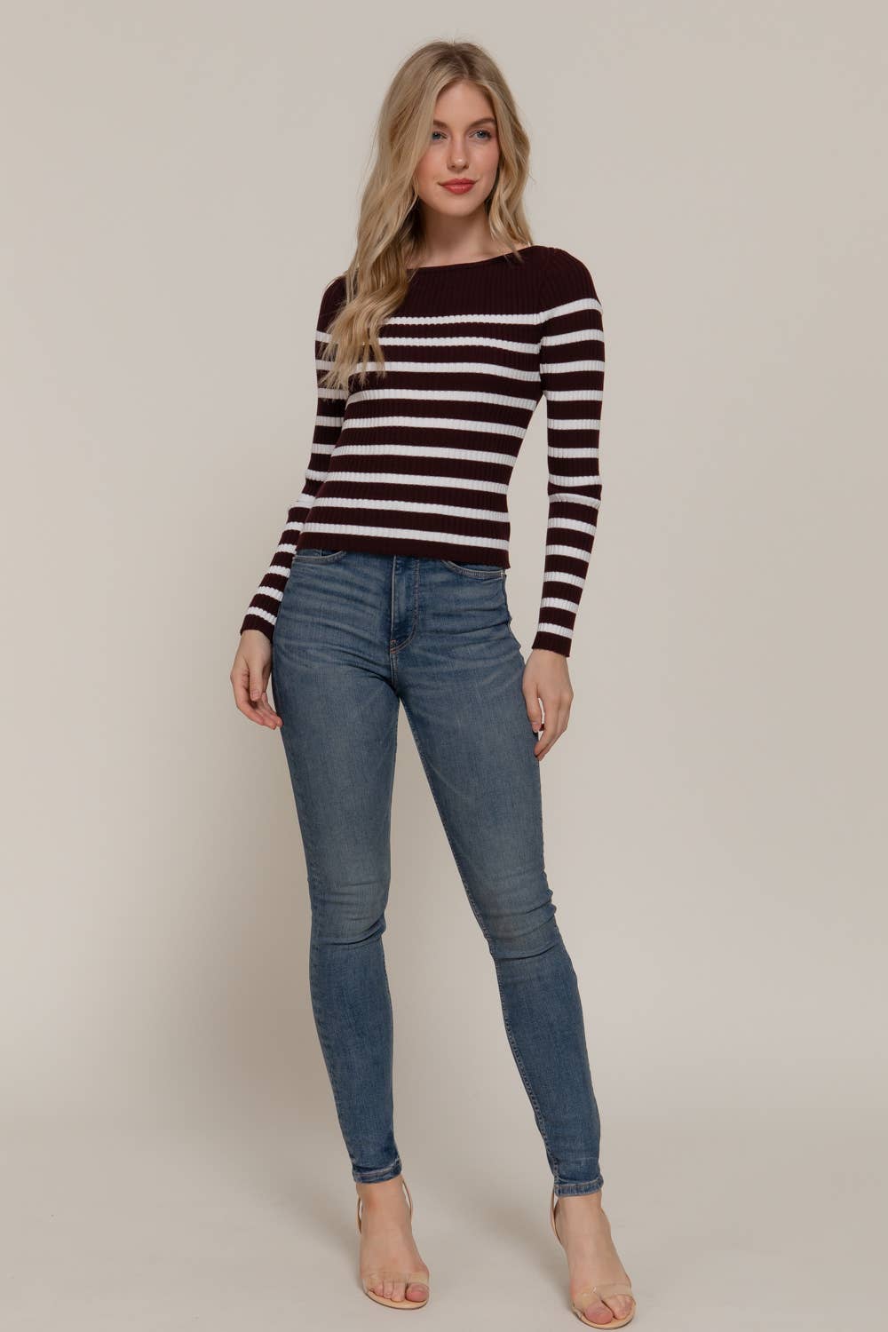 Active Basic | Active USA - Wholesale Knit Sweater - Women's - Long Sleeve Boat Neck Stripe Sweater11