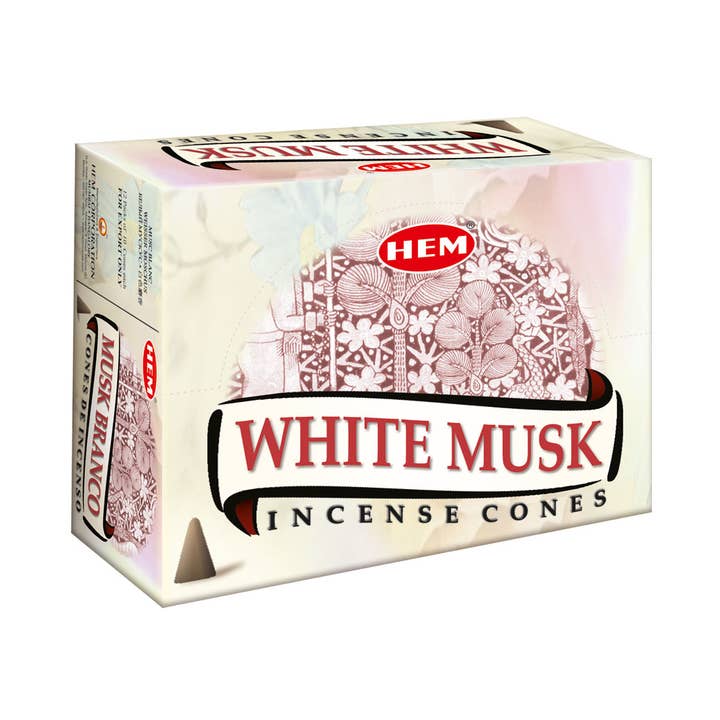 HEM White Musk Incense Cones-Cone Pack (12 Packs × 10 Cones) for wholesale by Garland of Letters Bookstore
