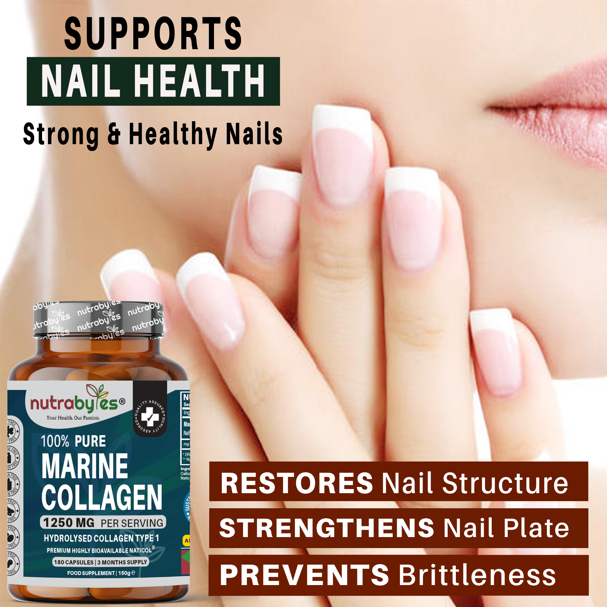 NUTRABYTES - Wholesale Oral Supplement/Vitamin - Pure Marine Collagen Supplement | 1250mg High Strength Collagen Capsules | Hydrolysed Marine Collagen Protein Peptides Type 1 | 180 Collagen Capsules | 3-month supply | Made in UK3