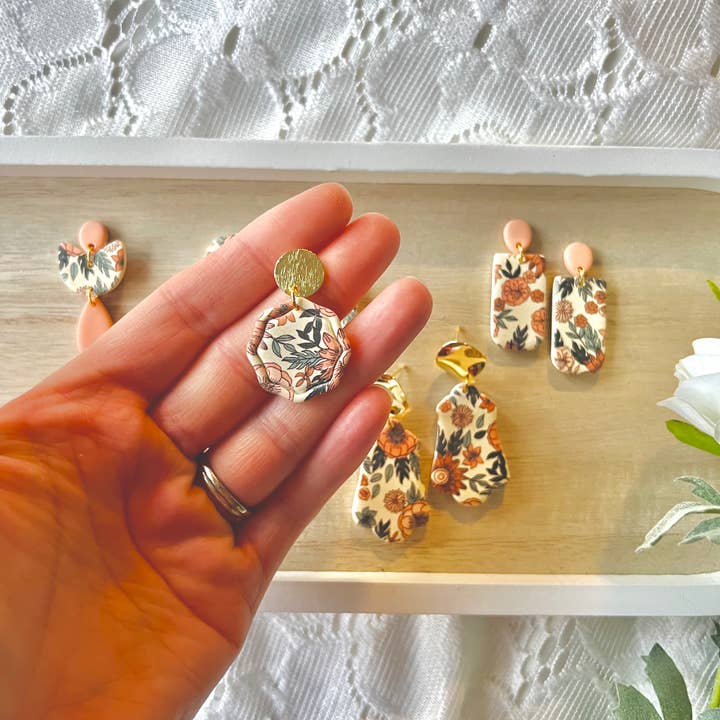 SeizeTheClayJewelry - Wholesale Dangle Earrings - Spring Floral Earrings, Peach Floral Earrings