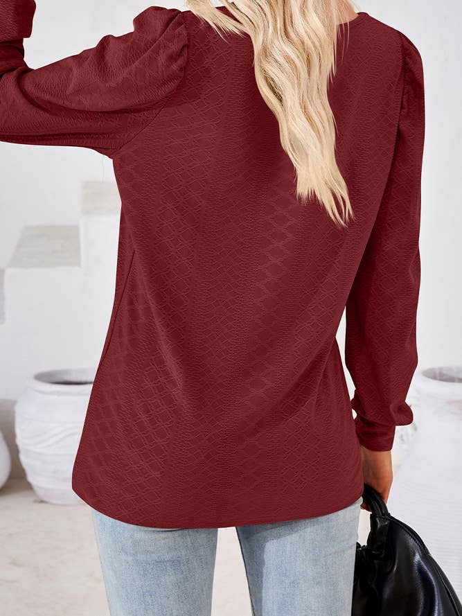 Comely Fashion - Wholesale Blouse - Women's - CF-HLL106 Square Neck Solid Jacquard Tshirt Long Sleeves Top3