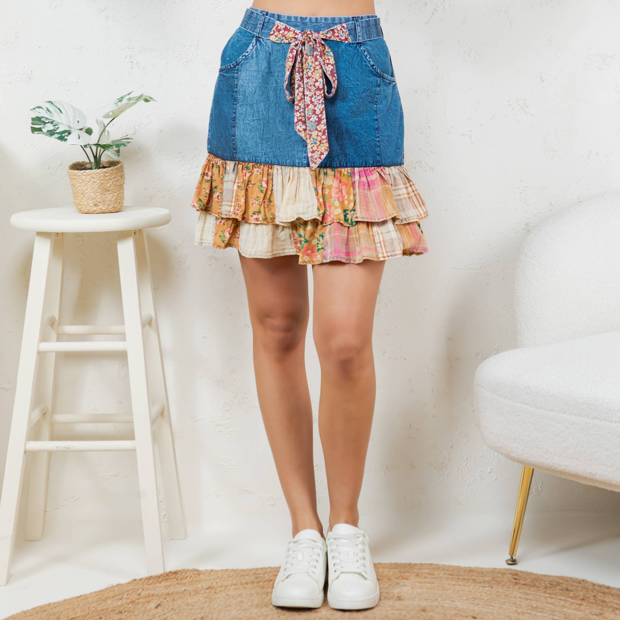 Young Threads - Wholesale Skirt - Women's - Playful Denim Mini Skirt with Plaid Patch Details4