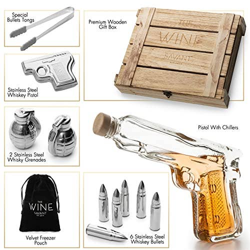 The Wine Savant /  Khen Glassware - Wholesale Decanter - Luxurious Bar Gift Set - Pistol Decanter - 2 Grenade Whiskey2