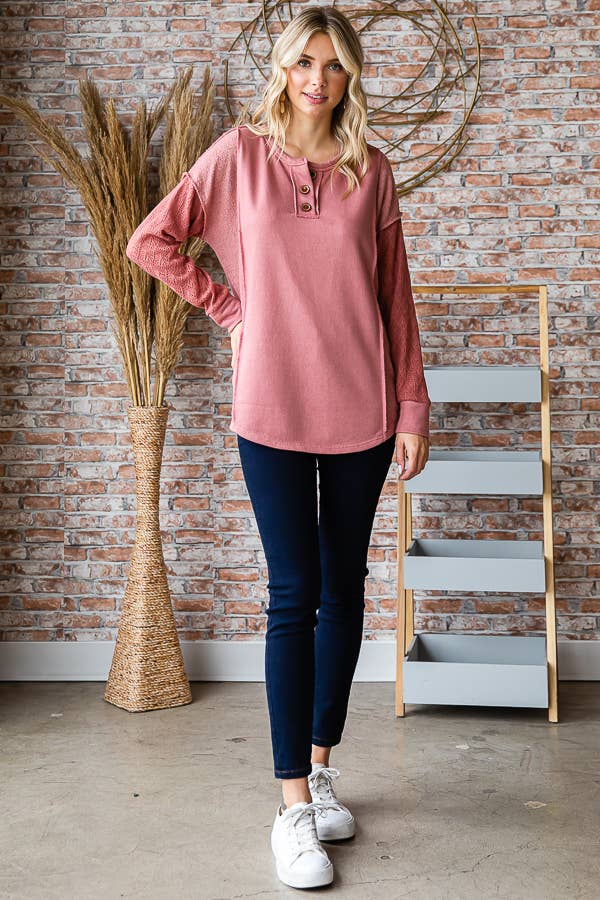 7th Ray - Vente Haut en maille – femme - Haut à manches longues en mélange de coton avec contraste en dentelle et boutons devant T525316