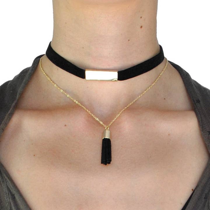 Jewel Cult - Vendita all'ingrosso Parure di gioielli - Set collana girocollo a strati in velluto e nappa