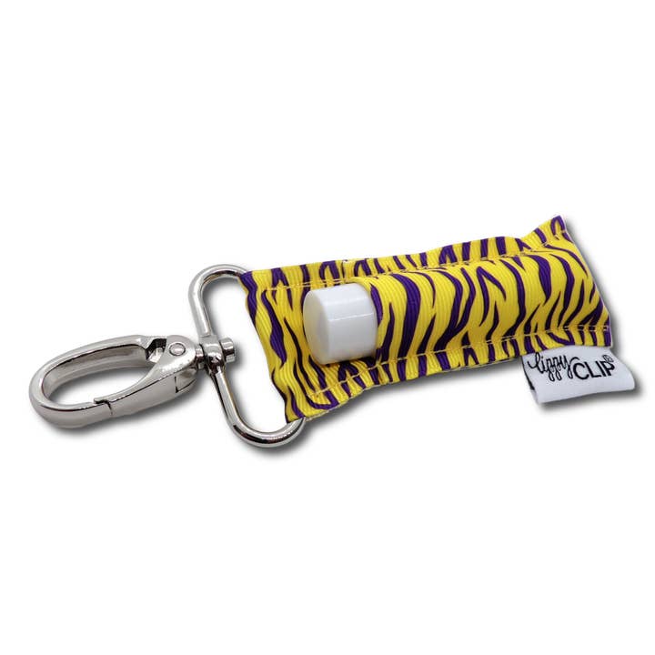 Purple and Gold Tiger Stripe LippyClip® Lip Balm Holder for wholesale by LippyClip Lip Balm Holder