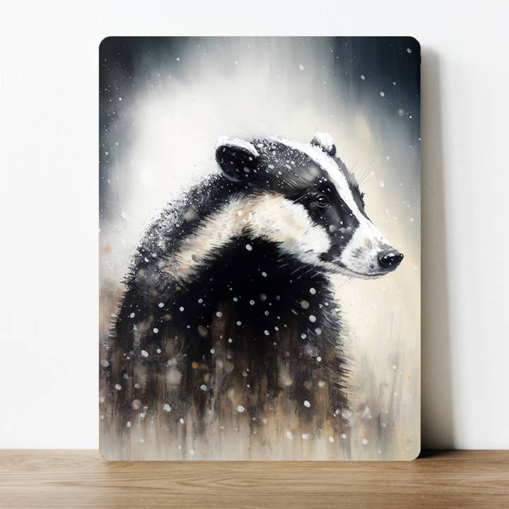 badger in the snow Watercolour Metal Sign Plaque for wholesale by The British Metal Signs Company
