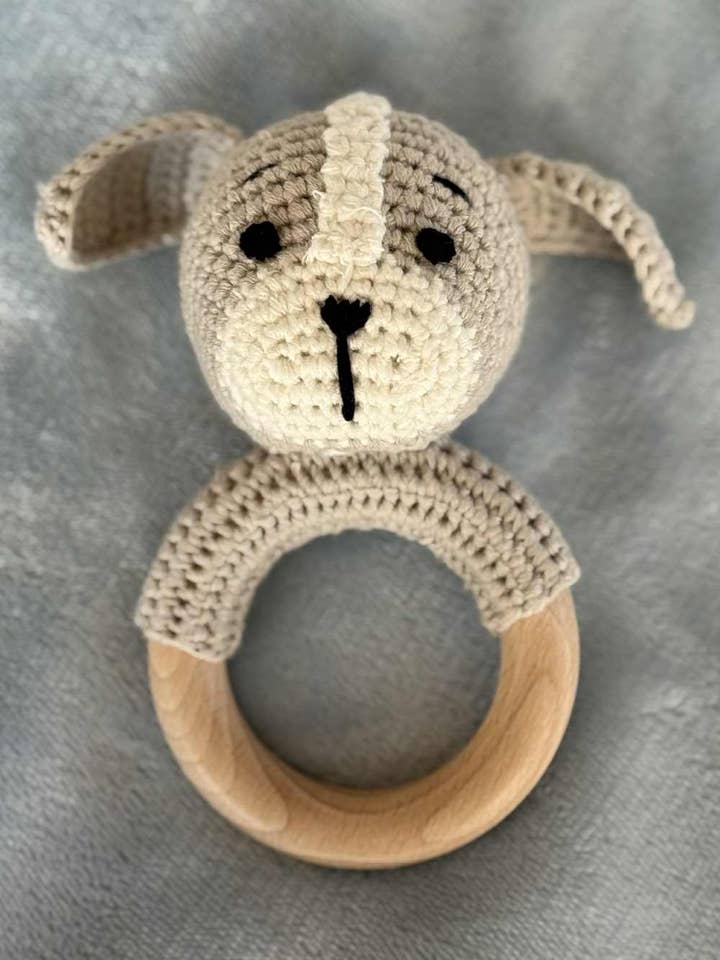 Animal Hand Crochet Rattles - Gray/White Dog for wholesale by Wonderjoys Baby Co