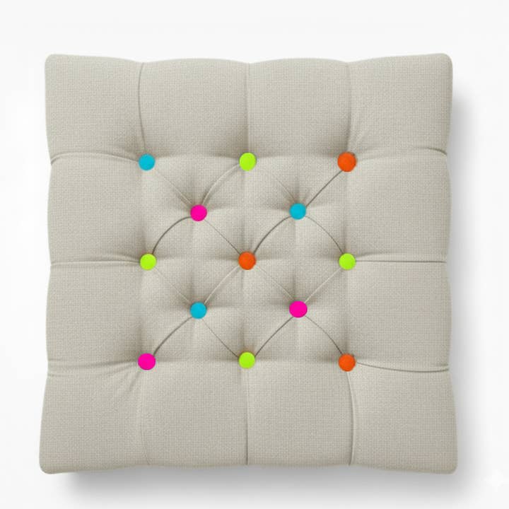 Upholstered Linen Square Footstool with contrast Button Tufting for wholesale by thestudioUP