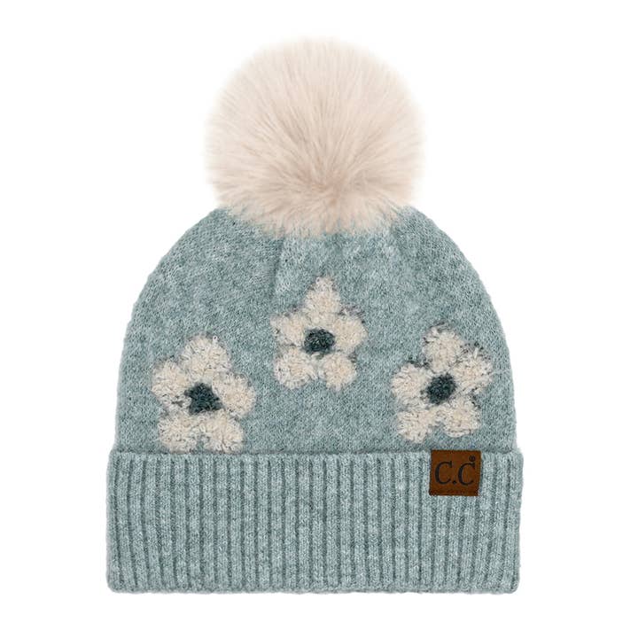 Fashion City - Wholesale Beanie - Women's - Daisy Patterned Cuff Beanie with Pom Pom