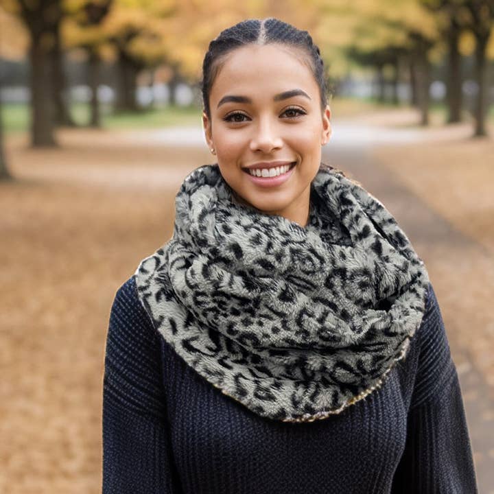 Animal Print Double Faux Fur Snood - Grey for wholesale by Black Ginger