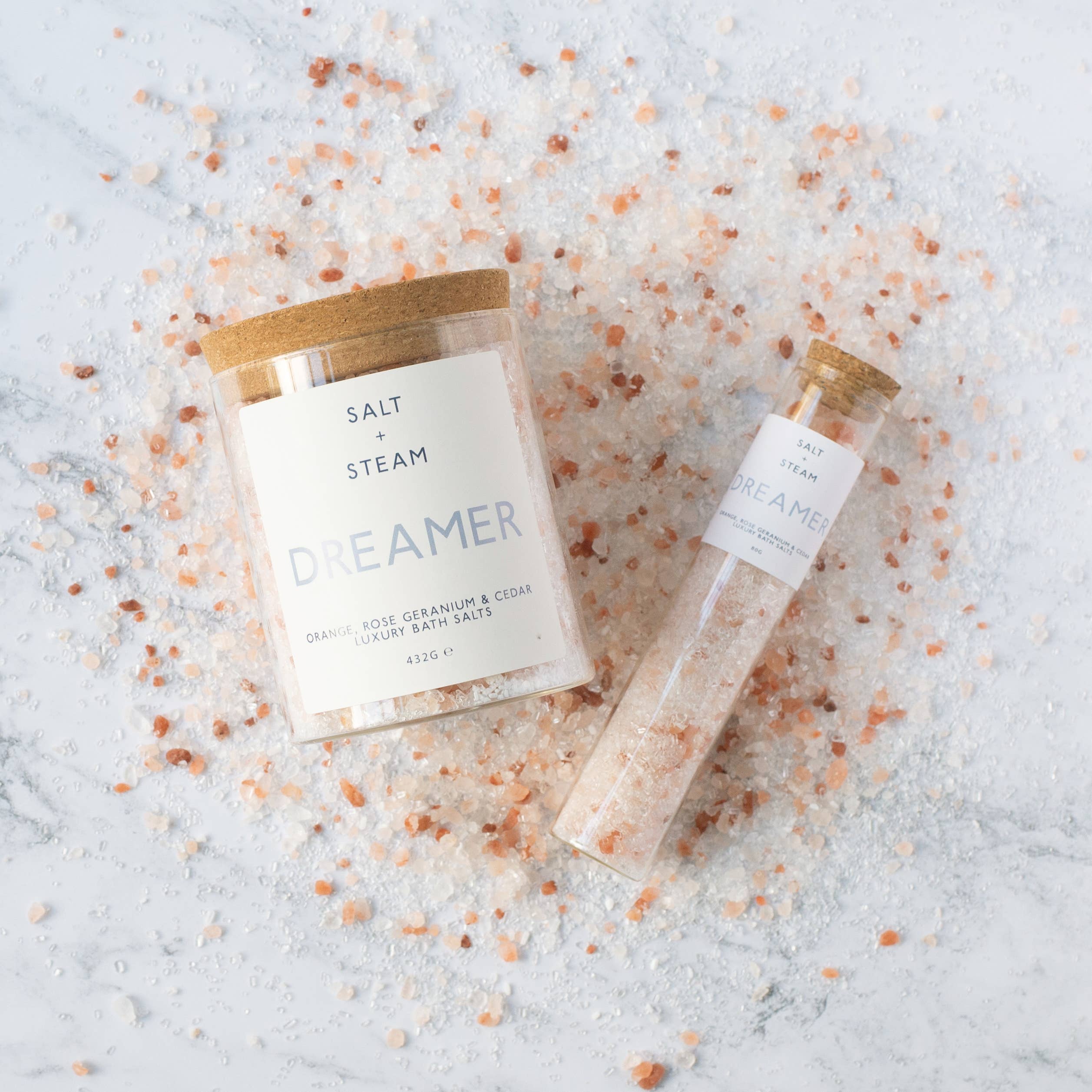 Salt + Steam – wholesale Bath salts – Dreamer - Rose Geranium & Cedar Bath Salts 80g & 432g2