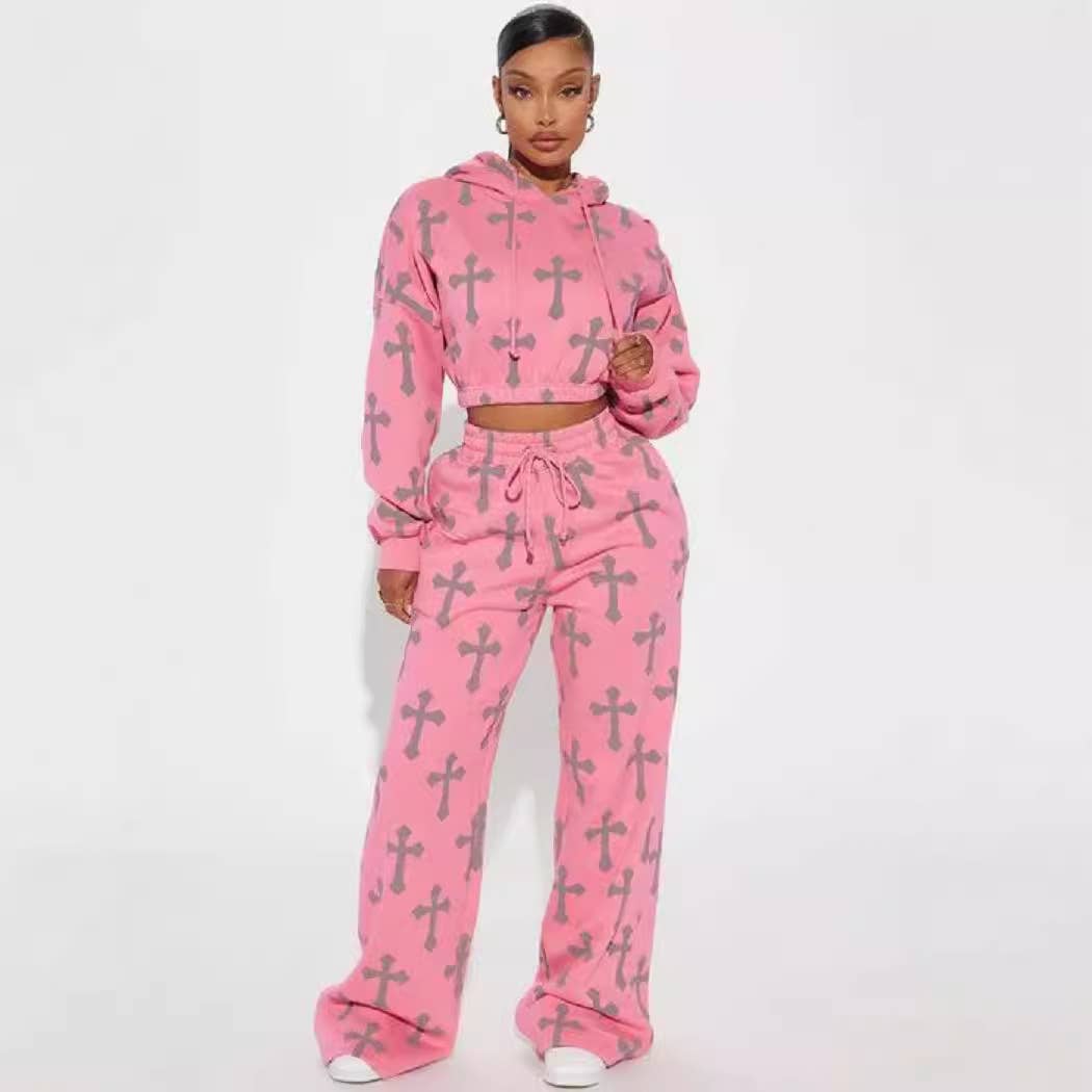 Women's Peach Pink Cross Print Sweatshirt and Pants Set for wholesale on Faire0