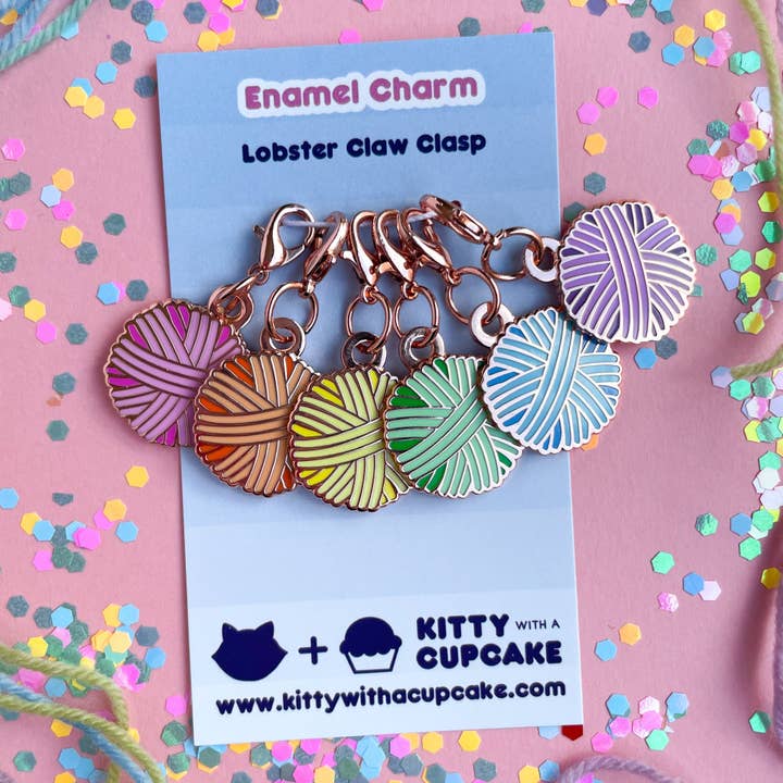 Kitty With A Cupcake - Wholesale Knitting/Crochet Supplies - Pastel Rainbow Yarn Ball Charm Set