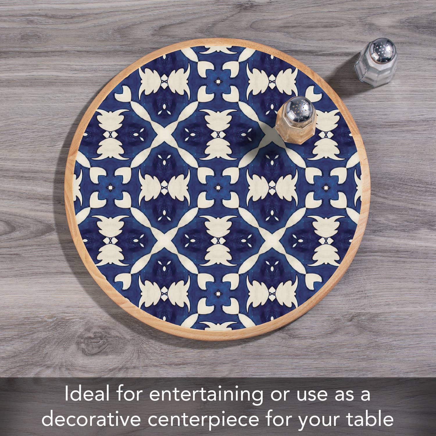 CounterArt/Highland Home/Thirstystone - Wholesale Lazy Susan - "White & Blue Tile" Rubber Wood Lazy Susan Turntable 14"4
