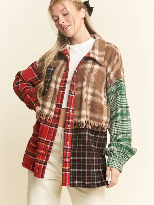 PATCHWORK PLAID SHACKET for wholesale by JADE BY JANE