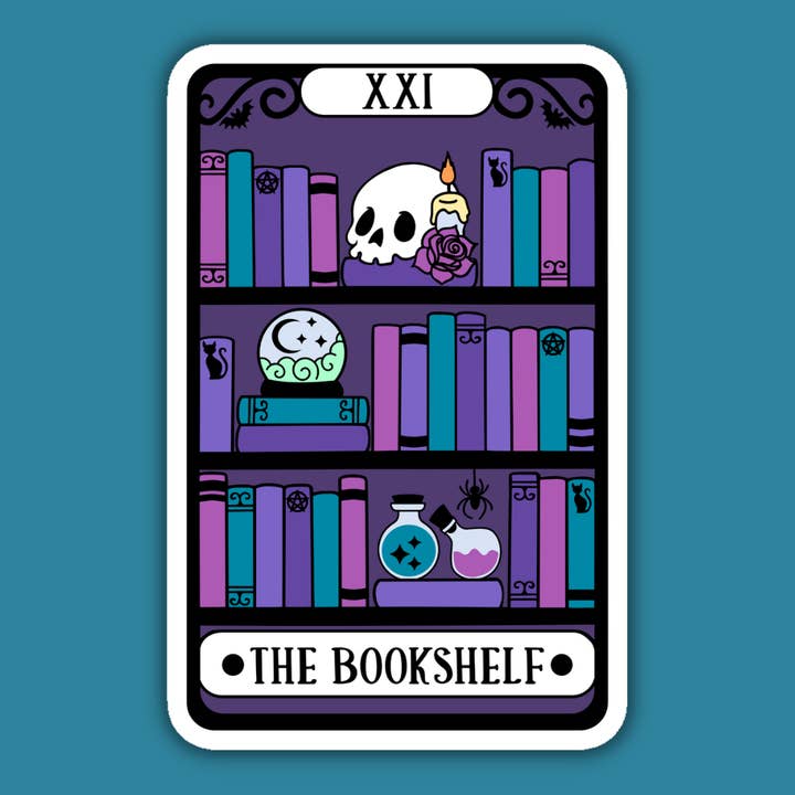 The Bookshelf Alternative Tarot Card Reader Sticker for wholesale by Indigo Maiden
