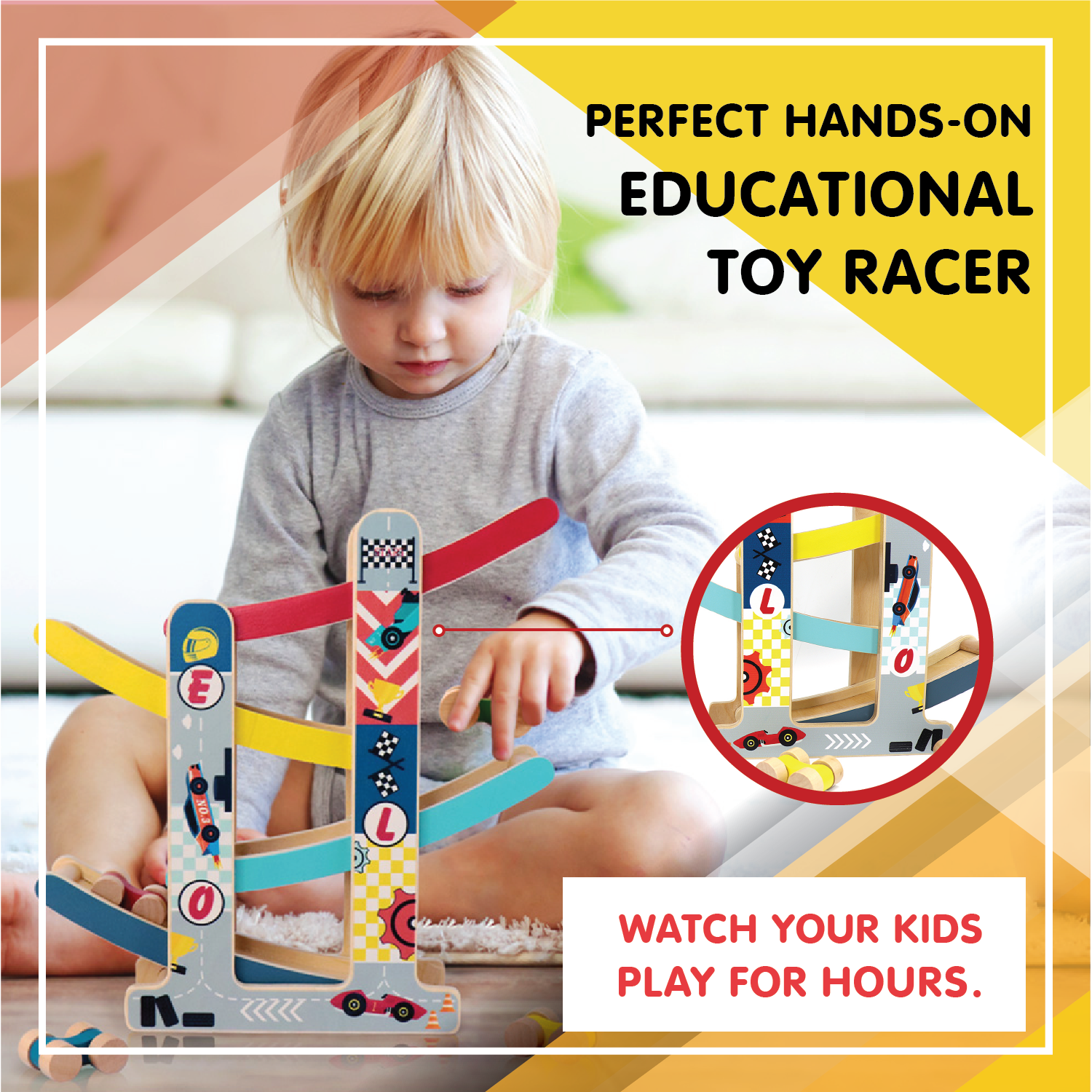 Leo & Friends - Vente Jouet en bois – enfant - Piste de course à rampe en bois Leo & Friends avec 4 voitures de course9