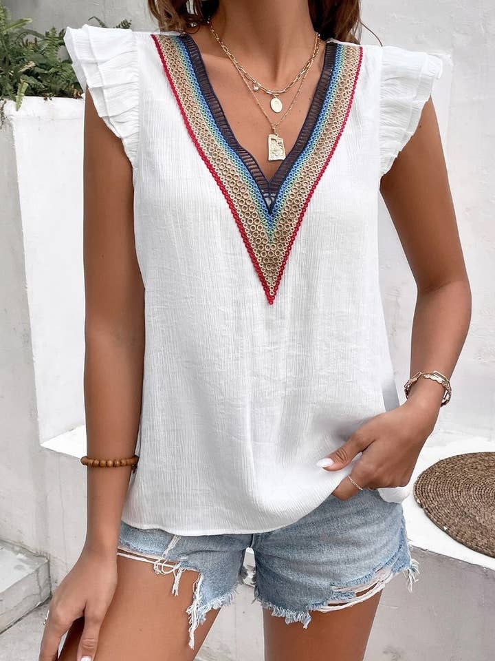NINEXIS - Wholesale Blouse - Women's - CWTBLSL0245_V-NECK LACE PATCHWORK RUFFLED CASUAL TOP