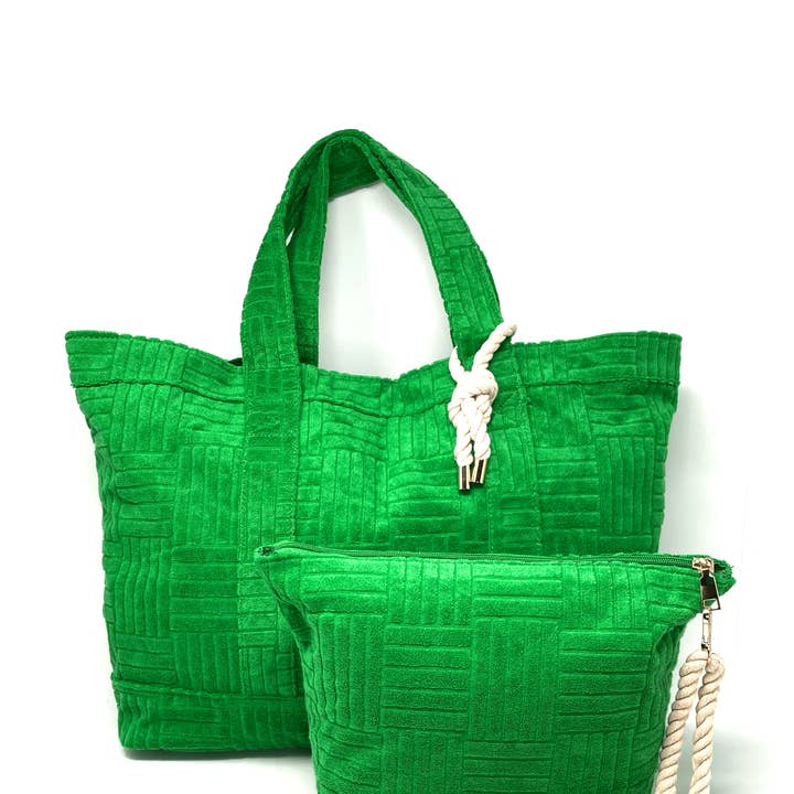 Bette - Wholesale Tote Bag - Women's - Lima Green Terry Weekender Set with Waterproof Clutch0