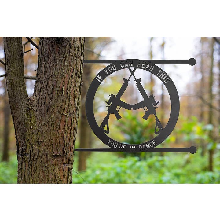 The Wine Savant / Khen Glassware - Wholesale Sign - Metal No Trespassing Sign "You're In Range" Gun Metal Door1