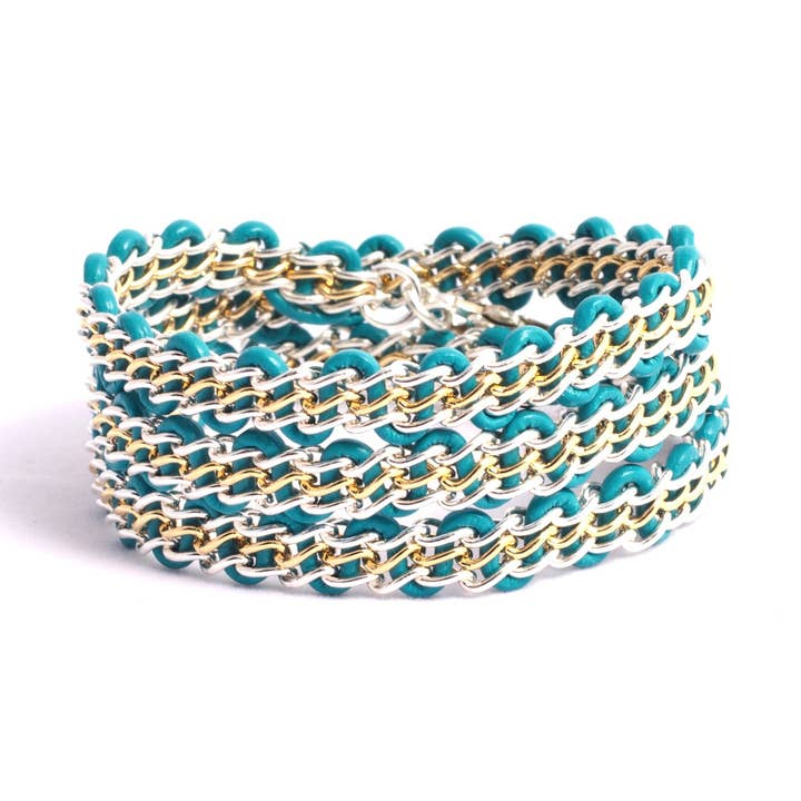 Solid Design Studios - Wholesale Link & Chain Bracelet - Braemar Wrap Bracelet — Sterling Silver & 14k Gold-Filled Chain on Turquoise Leather0