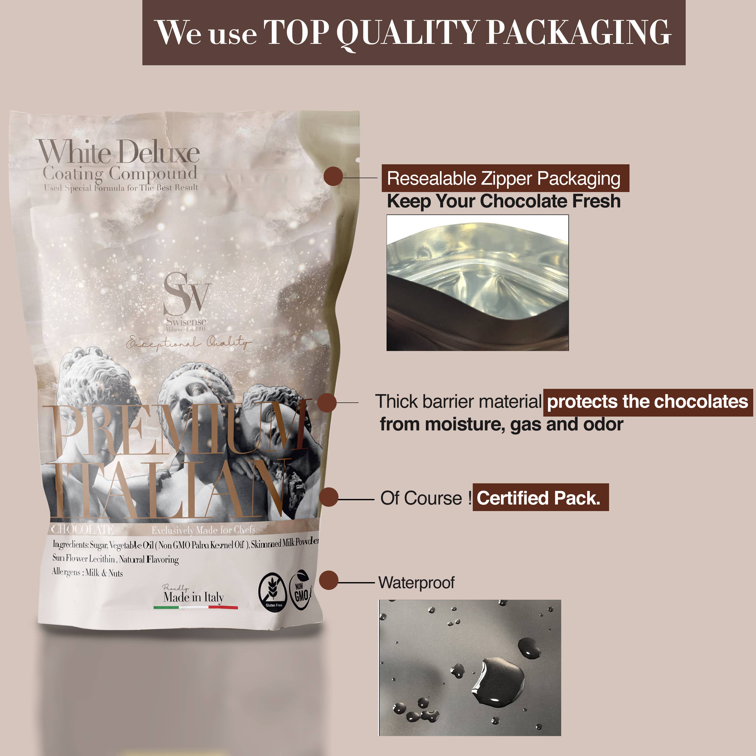 Swisense - Wholesale Baking Chocolate - Premium Italian White DELUXE Melting Chocolate Melts 2 LBS7