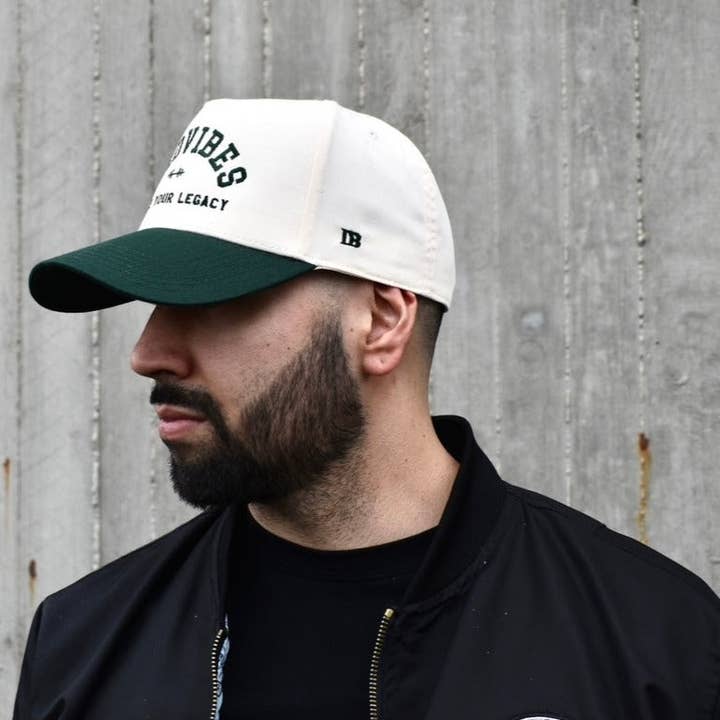 Dadbod Apparel - Wholesale Baseball Cap - Men's - DadVibes 5 Panel Hat (Cream/Green)