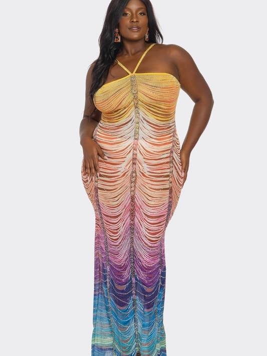 BDS71106P1 Abito Taglie Forti con Stampa Multicolore Illusione e Strass per la vendita all'ingrosso da parte di BANJUL