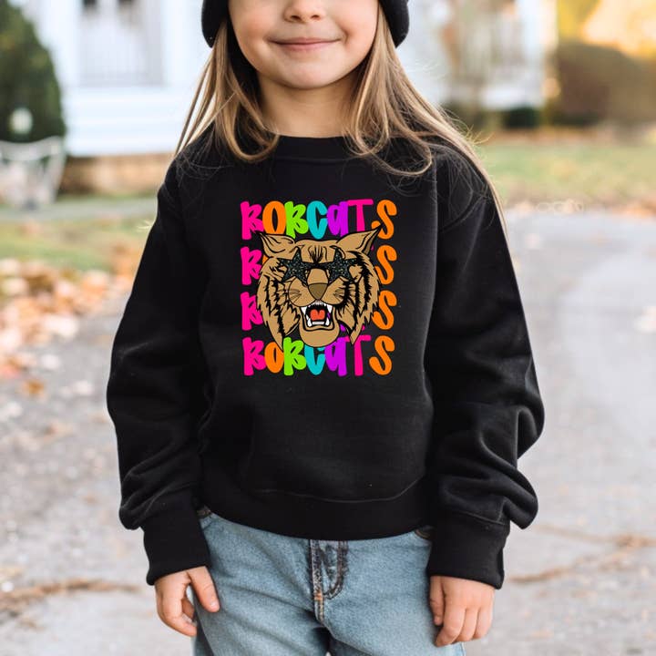 Pecan Creek Designs - Wholesale Sweatshirt - Kids - Colorful Bobcat Sweatshirt with Bobcat Face wearing Star Sunglasses