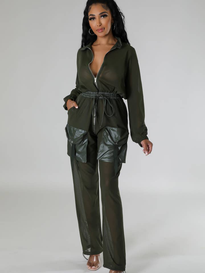 ELASTIC WAIST MESH CONTRAST JUMPSUIT for wholesale by 5besties inc