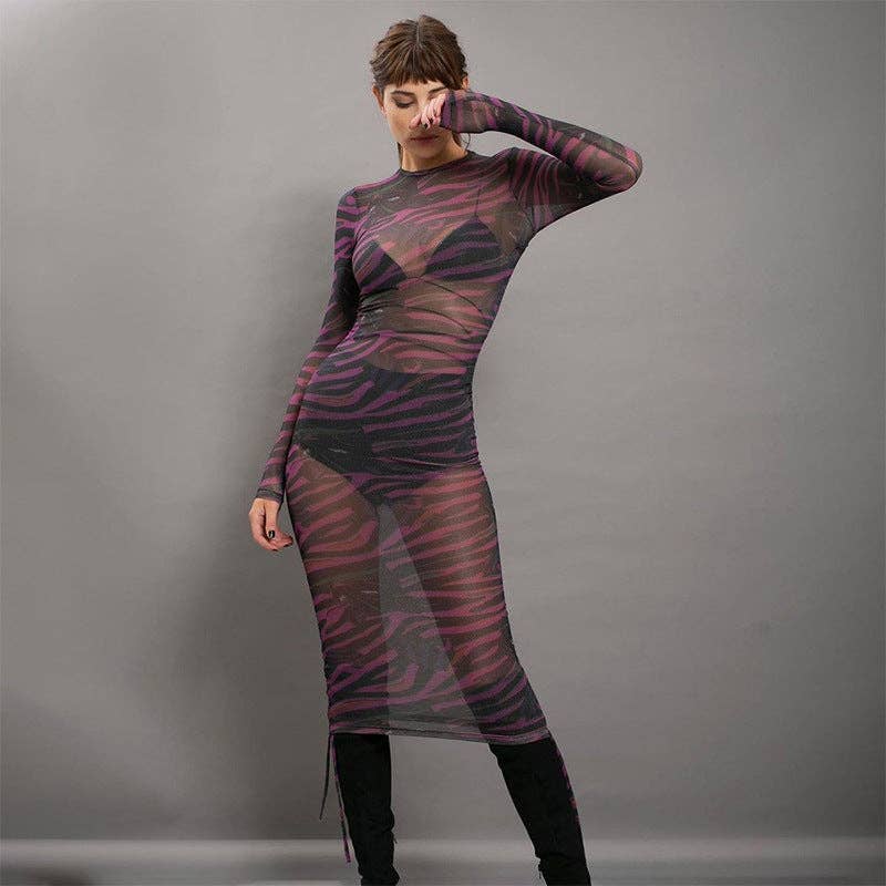 VividLux - Vente Robe – femme - Robe sexy plissée imprimée en maille pour femmes, automne-hiver2