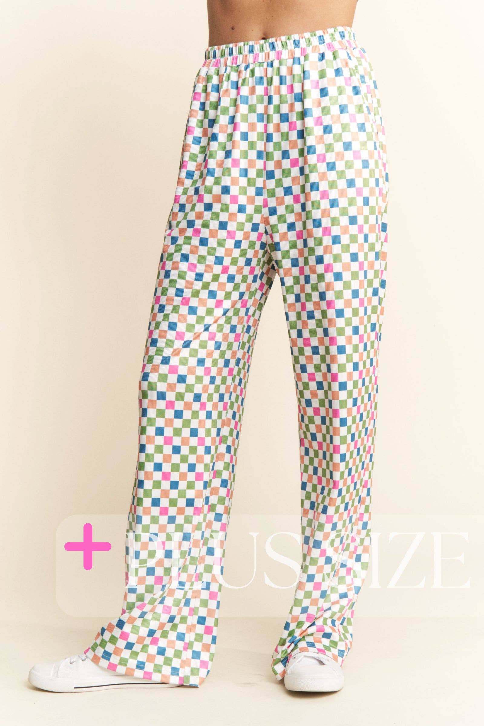 Green Multi PLUS SIZE ~ Retro Checkered Print Full Length Pants for wholesale on Faire3