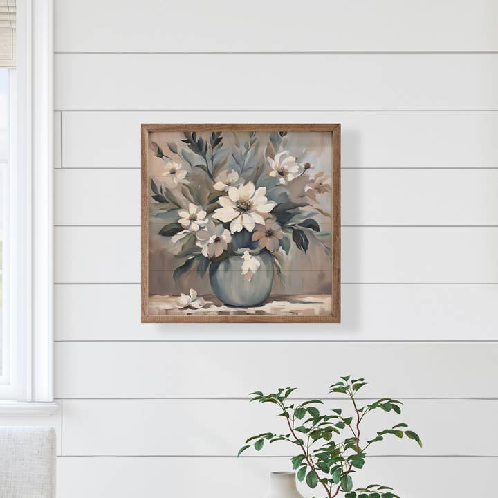 Kendrick Home - Wholesale Art Print - Blue And Tan Florals In Vase