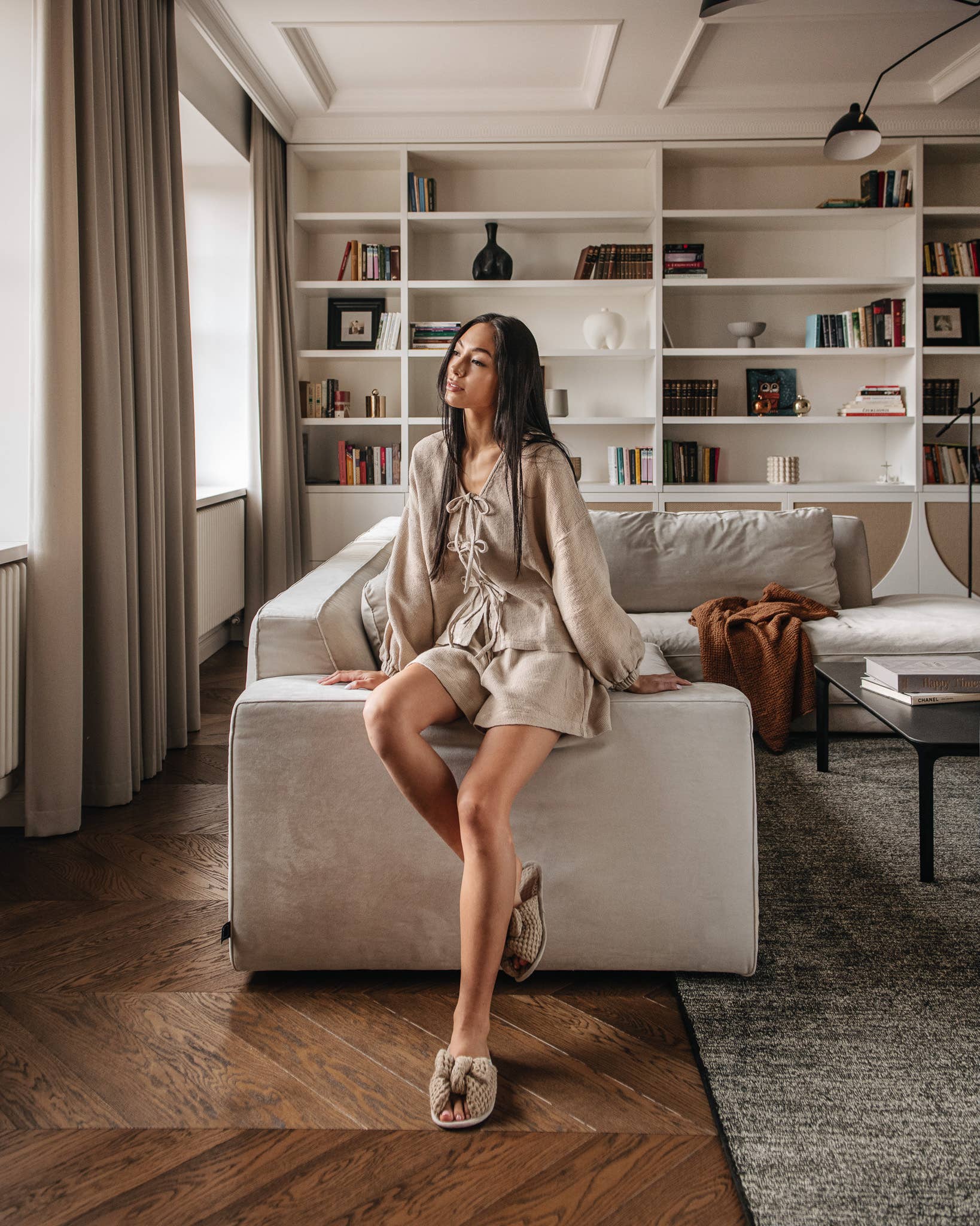 MagicLinen (We handle U.S. import procedures for you) – wholesale Tofflor - Unisex – Tofflor med rosett i våffelmönstrad linnekvalitet, naturfärg4