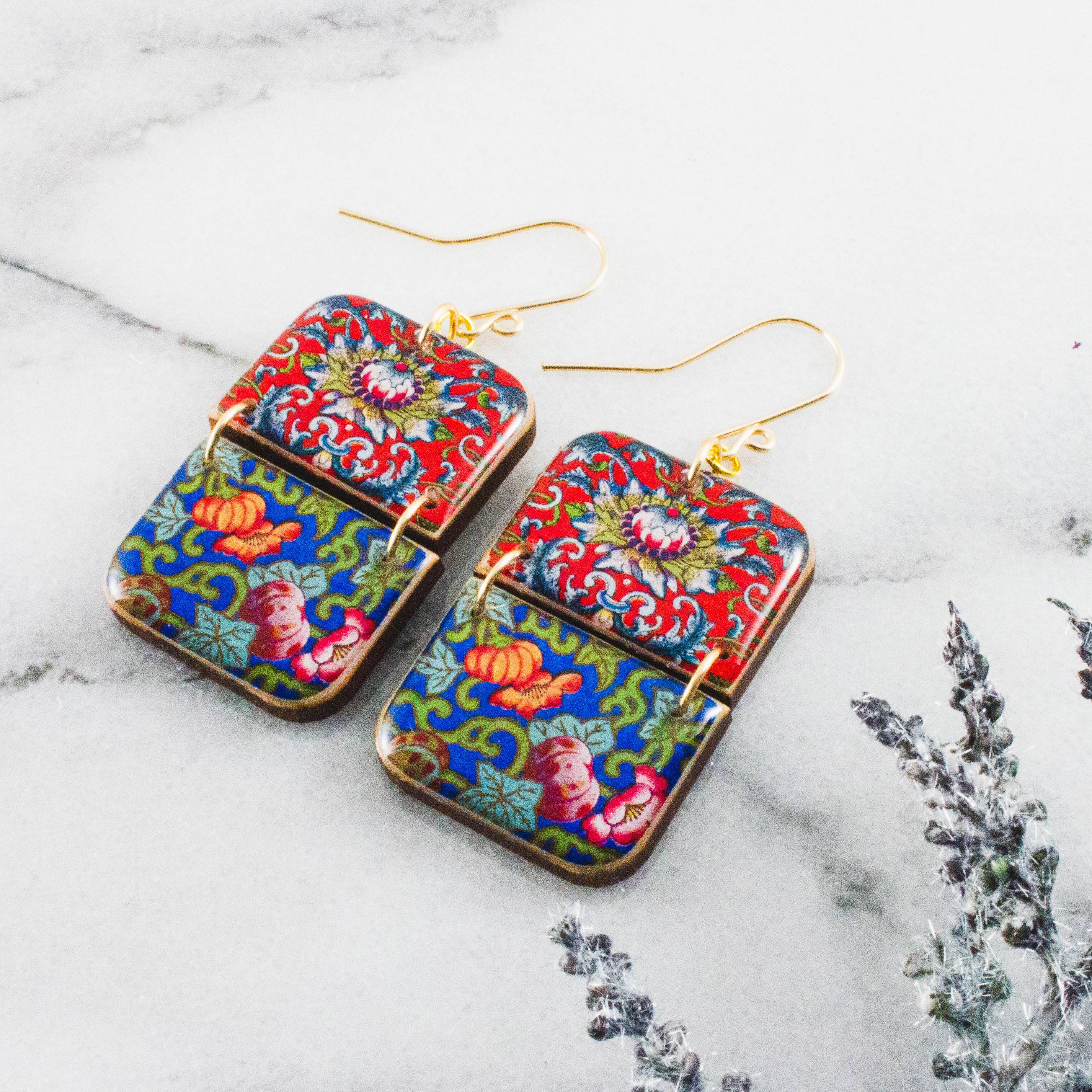 No Man's Land - Wholesale Dangle Earrings - Red + Blue Chinese Motif Rectangle Earrings1