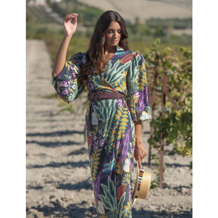Káhyra Zalema Kleid „Elegant Sunset & Moon“ mit botanischem Muster für den Großhandel von Káhyra