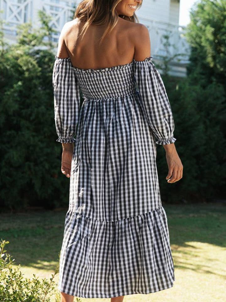 Trendy Plaid Maxi Dress OffShoulder TieFront for wholesale on Faire9