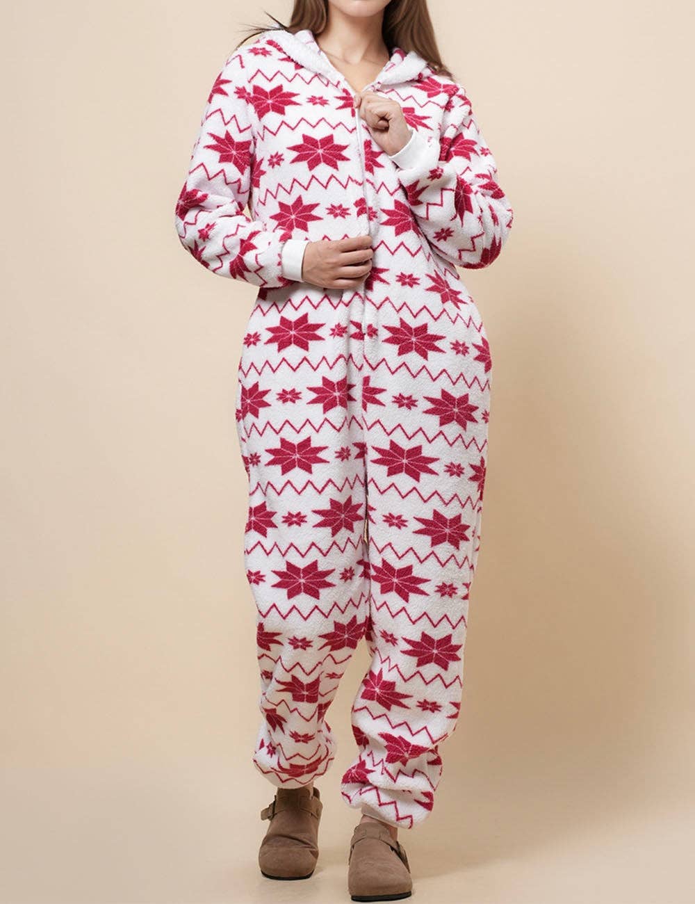 White Ladies Snow Color Block Fleece Jumpsuit Hooded Overall SKJ4924 for wholesale on Faire1
