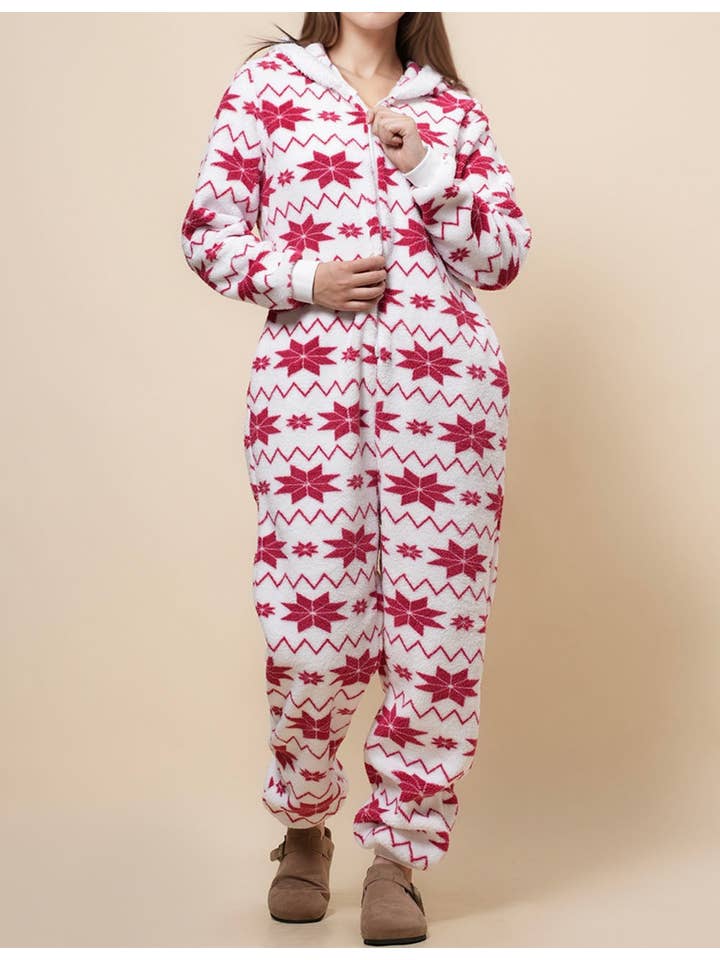 White Ladies Snow Color Block Fleece Jumpsuit Hooded Overall SKJ4924 for wholesale on Faire1