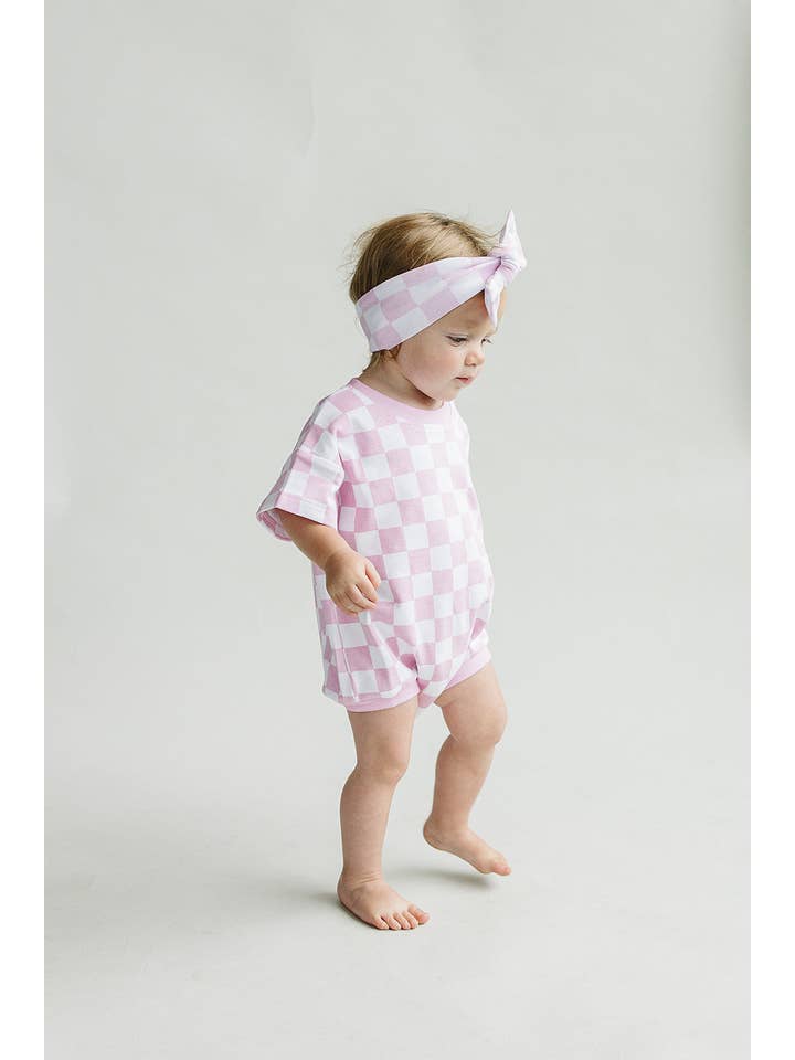 Lucky Panda Kids - Wholesale Bodysuit (Non-Footed) - Baby - Short Sleeve Bubble Romper | Checkered Smiley Pink6
