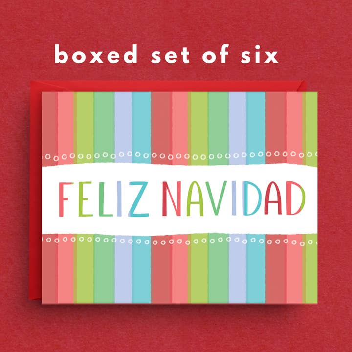 Julekort - Feliz Navidad Stribede Kort Sæt med 6 i æske for engroshandel hos Nicole Marie Paperie