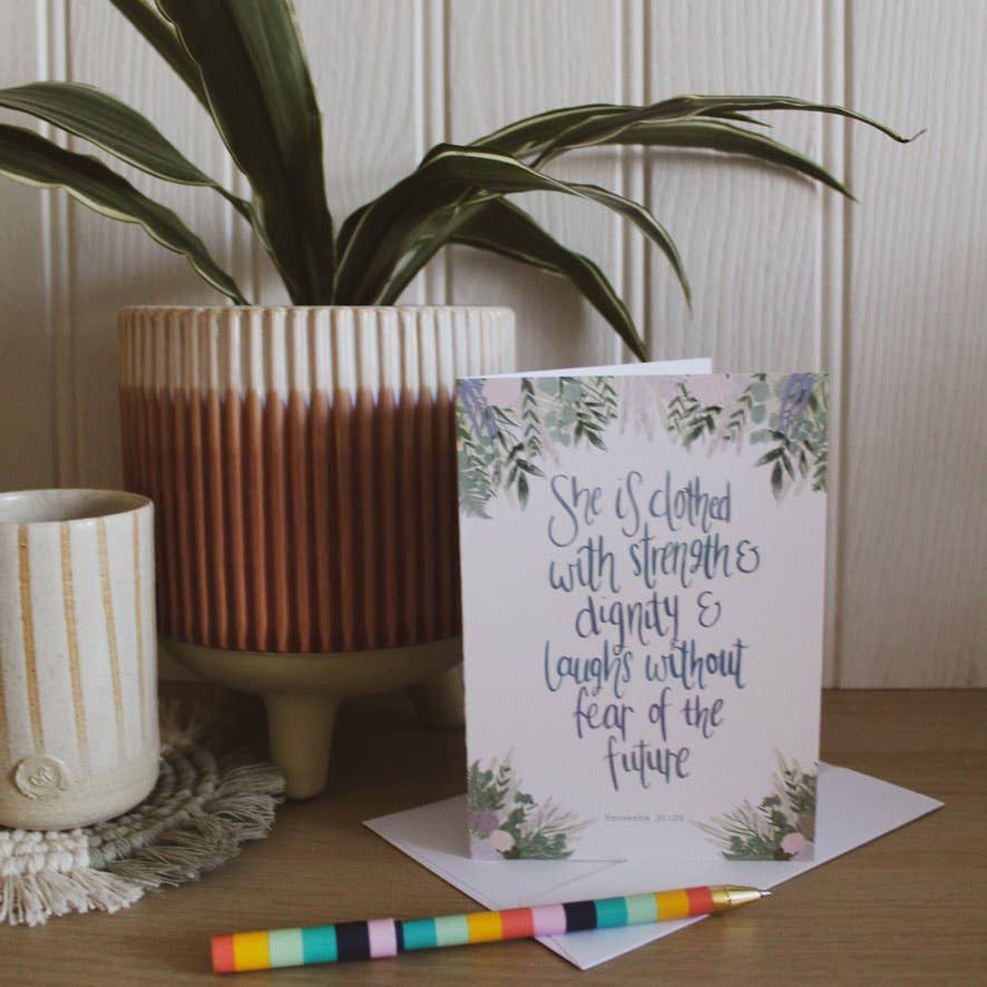 Daisy & Joy Design – wholesale Encouragement card – Bible Verse Card - Proverbs 31 v 25 - Floral border illustration card0