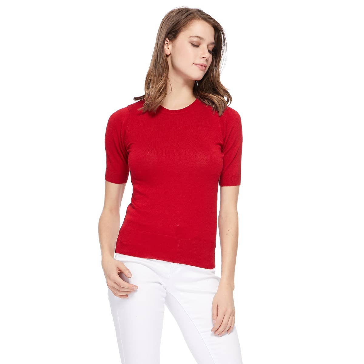 Mak – Engroshandel Strikket top - Dame – Halv-ærmet Crewneck Letvægts blød pullover Tee MK3664Y60