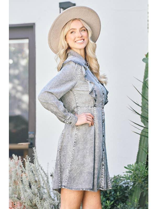Doe and Rae - Wholesale Dress - Women's - Ruffle Denim Dress - 27097D