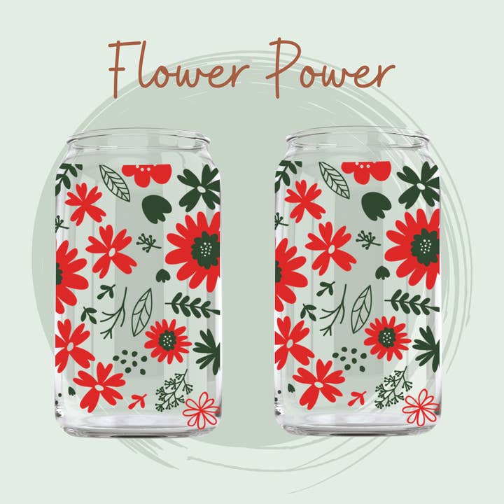 Vaso de vidrio con tapa de bambú y pajilla - Flower Power para venta al por mayor de lupaX