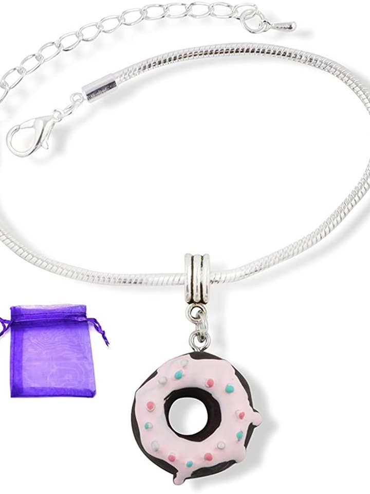 Emerald Park Jewelry Chocolate Donut with Pink Icing and Sprinkles Snake Chain Charm Bracelet for wholesale by Dave The Bunny