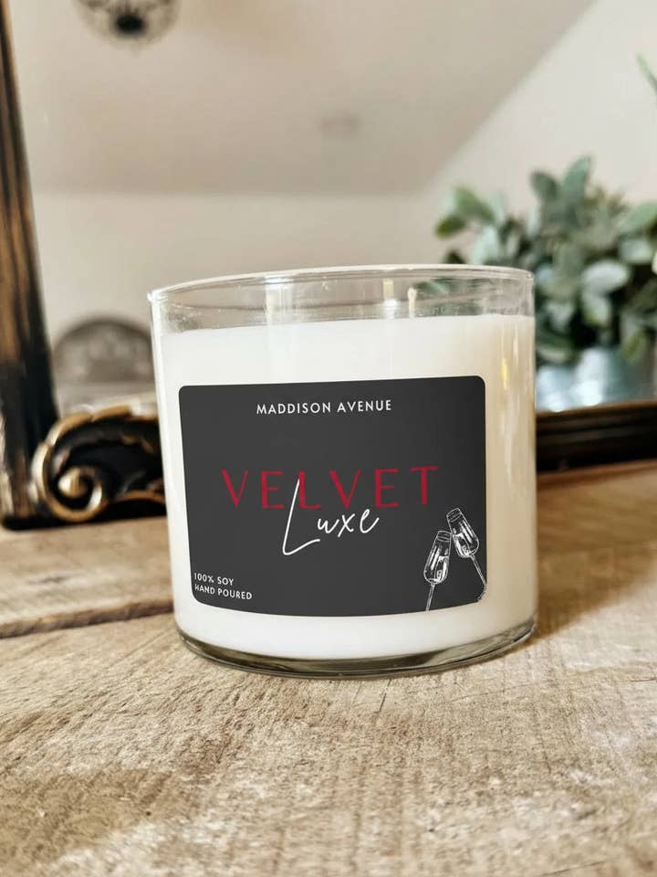 Velvet Luxe Soy Candle | Hand-Poured Amber & Vanilla Scented Candle for wholesale by Maddison Avenue Candles Company